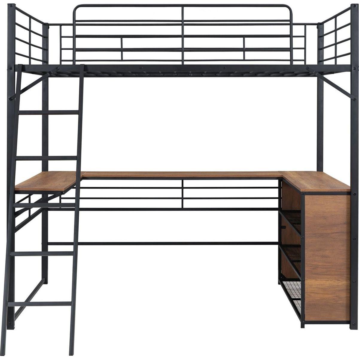 Full Size Metal Loft Bed with 3 Layers of Shelves and L-shaped Desk, Black