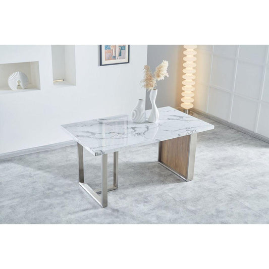 Elegant Luxurious Imitation Marble MDF Dining Table for 6 or 8, Rectangular 63"Lx35.4"Wx29.8"H, Walnut+Stainless Steel Legs Modern, Durable, Easy to Assemble for Kitchen/Living Room/Meeting, White