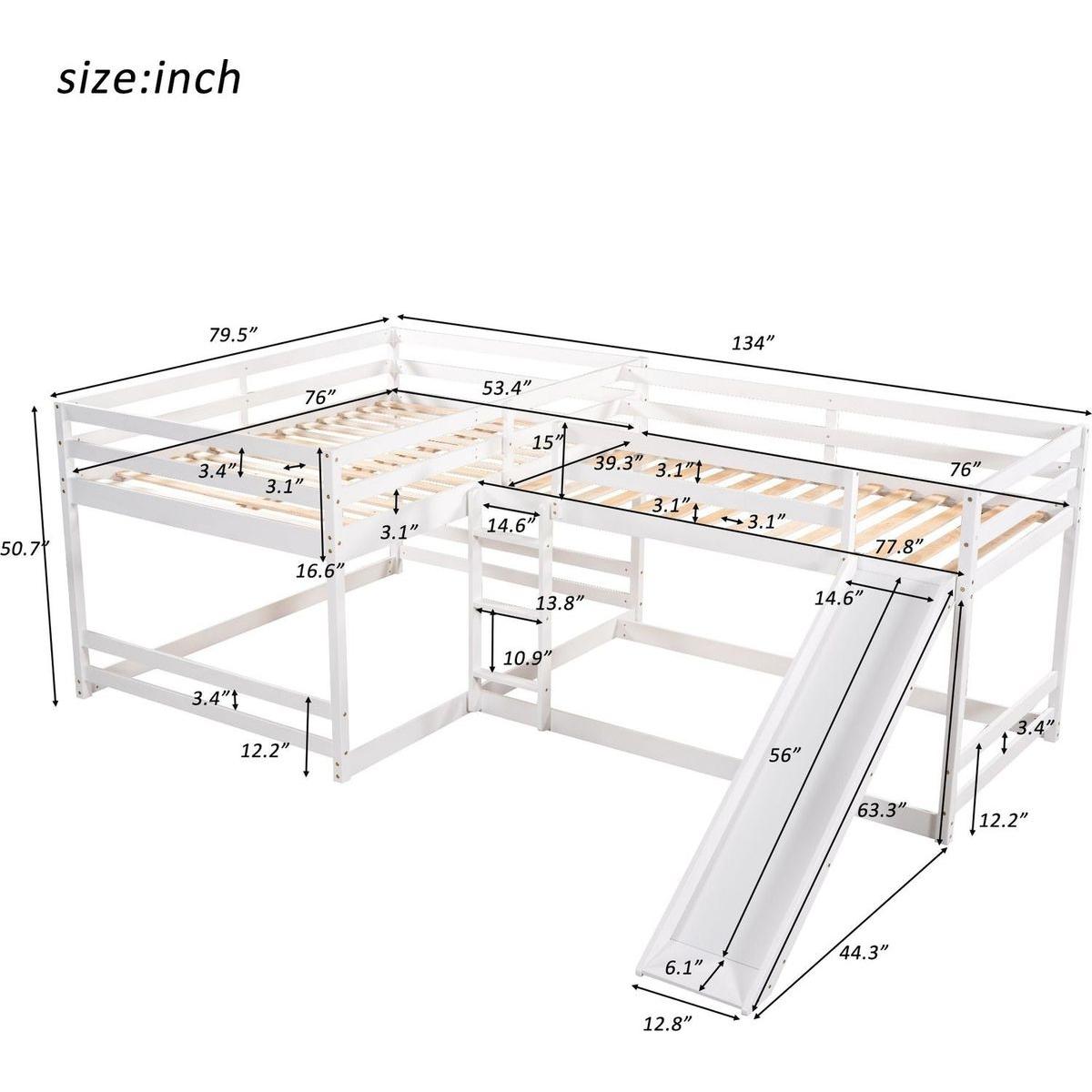 Full and Twin Size L-Shaped Bunk Bed with Slide and Short Ladder,White