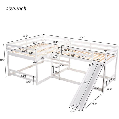 Full and Twin Size L-Shaped Bunk Bed with Slide and Short Ladder,White