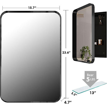 16x24 Inch Recessed Black Metal Framed Medicine Cabinet with Mirror and Adjustable Shelves Black Wall Mirror with Storage for Bathroom