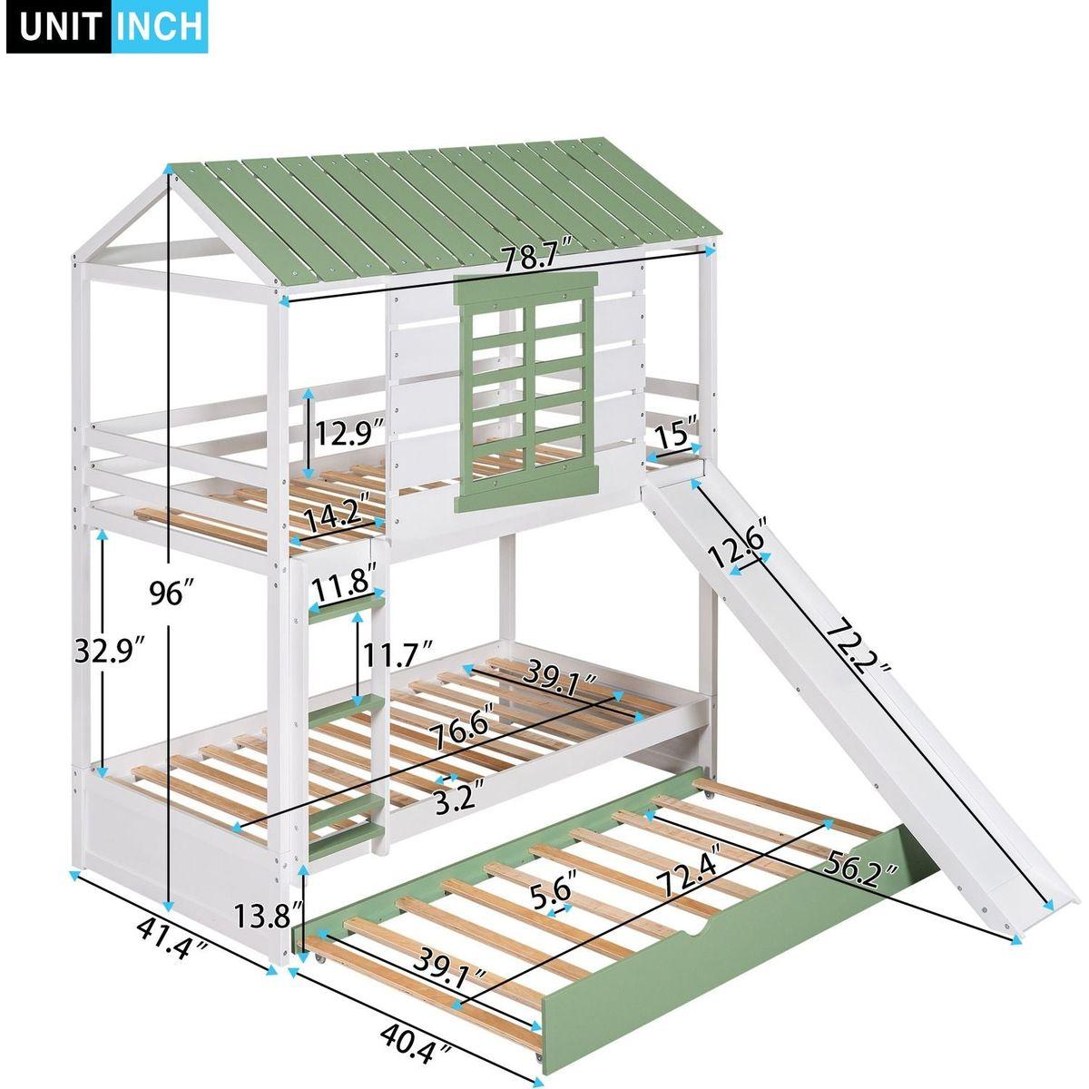 Twin over Twin Size House Bunk Bed with Convertible Slide and Trundle, White+Green