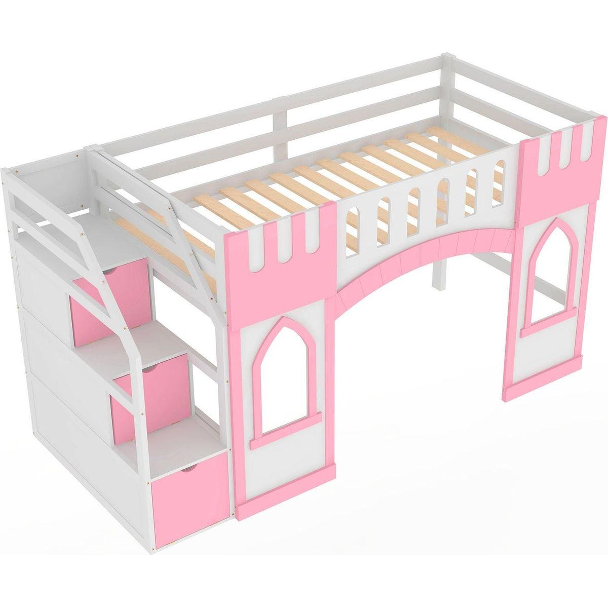 Twin Size Loft Bed with Storage Staircase and Window, Pink