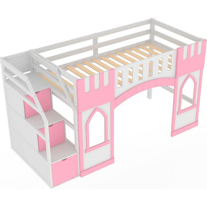 Twin Size Loft Bed with Storage Staircase and Window, Pink