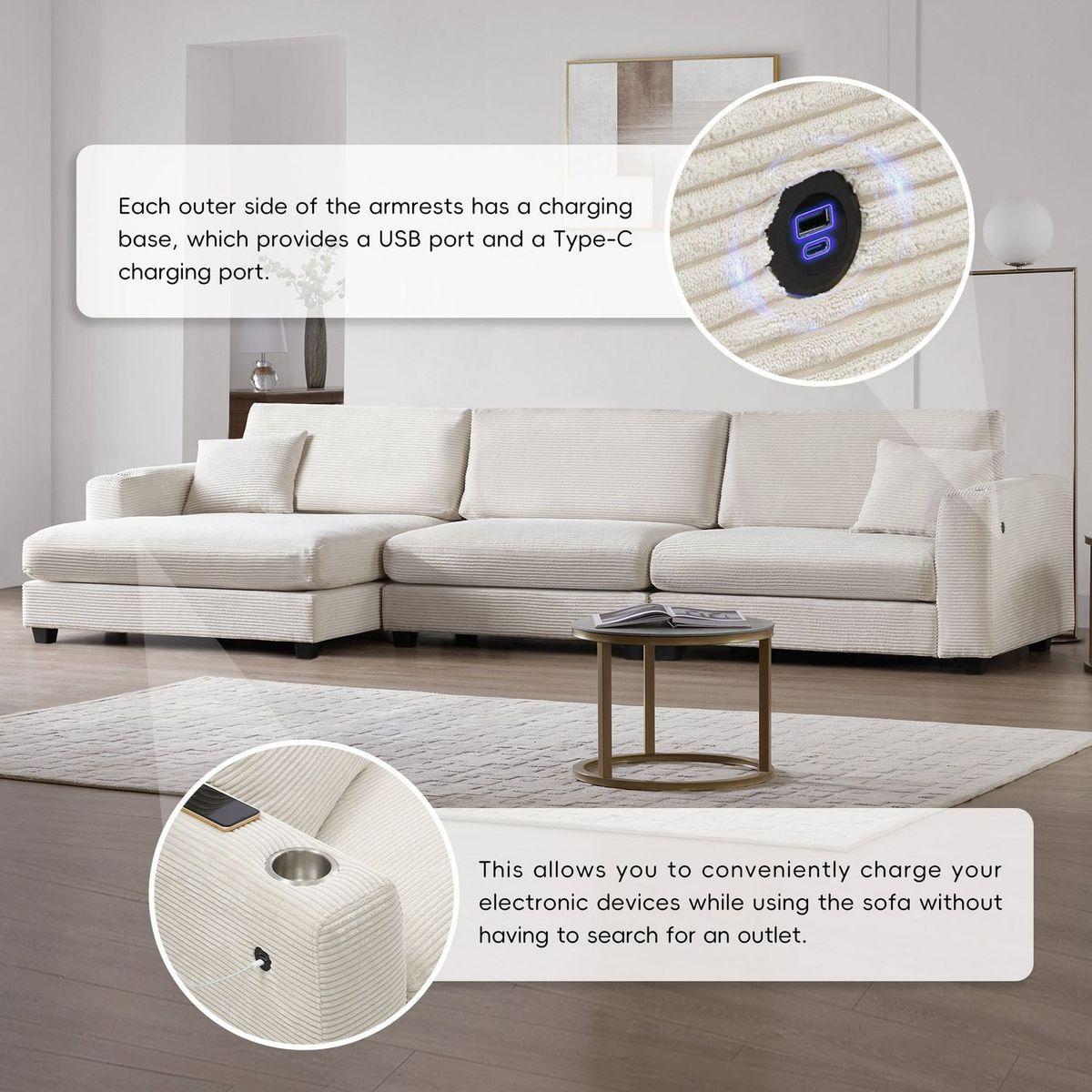 134x54"Oversized Corduroy Sectional Sofa,L Shaped Cloud Couch with USB Charging Port,Cup Holder,Deep Seat Sofa Bed with 50" Chaise,Comfy Indoor Furniture for Living Room,3 Colors