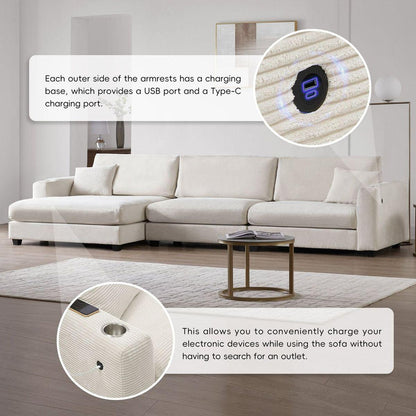 134x54"Oversized Corduroy Sectional Sofa,L Shaped Cloud Couch with USB Charging Port,Cup Holder,Deep Seat Sofa Bed with 50" Chaise,Comfy Indoor Furniture for Living Room,3 Colors