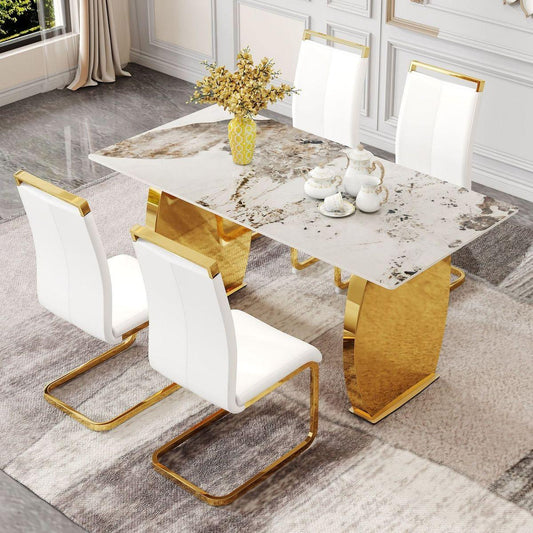 Table and chair set, rock plate table top, gold metal table legs, stable and beautiful, suitable for most home styles.  Modern simple dining table, comfortable seating.