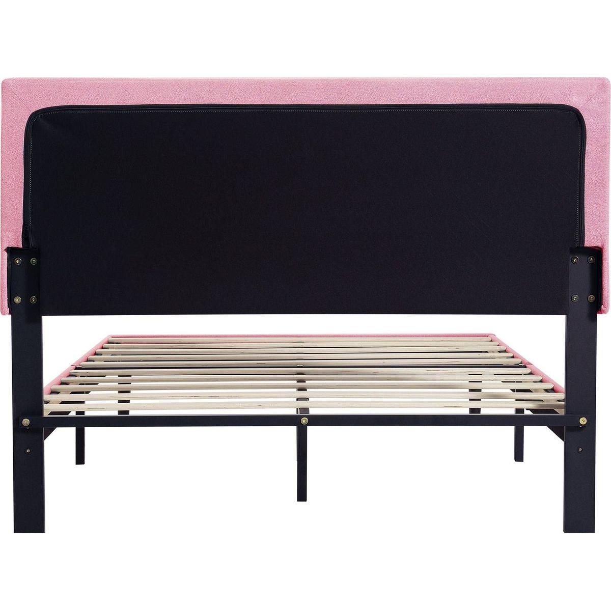 Queen Size Upholstered Platform Bed Frame with Modern Button Tufted Linen Fabric Headboard, No Box Spring Needed, Wood Slat Support, Easy Assembly, pink