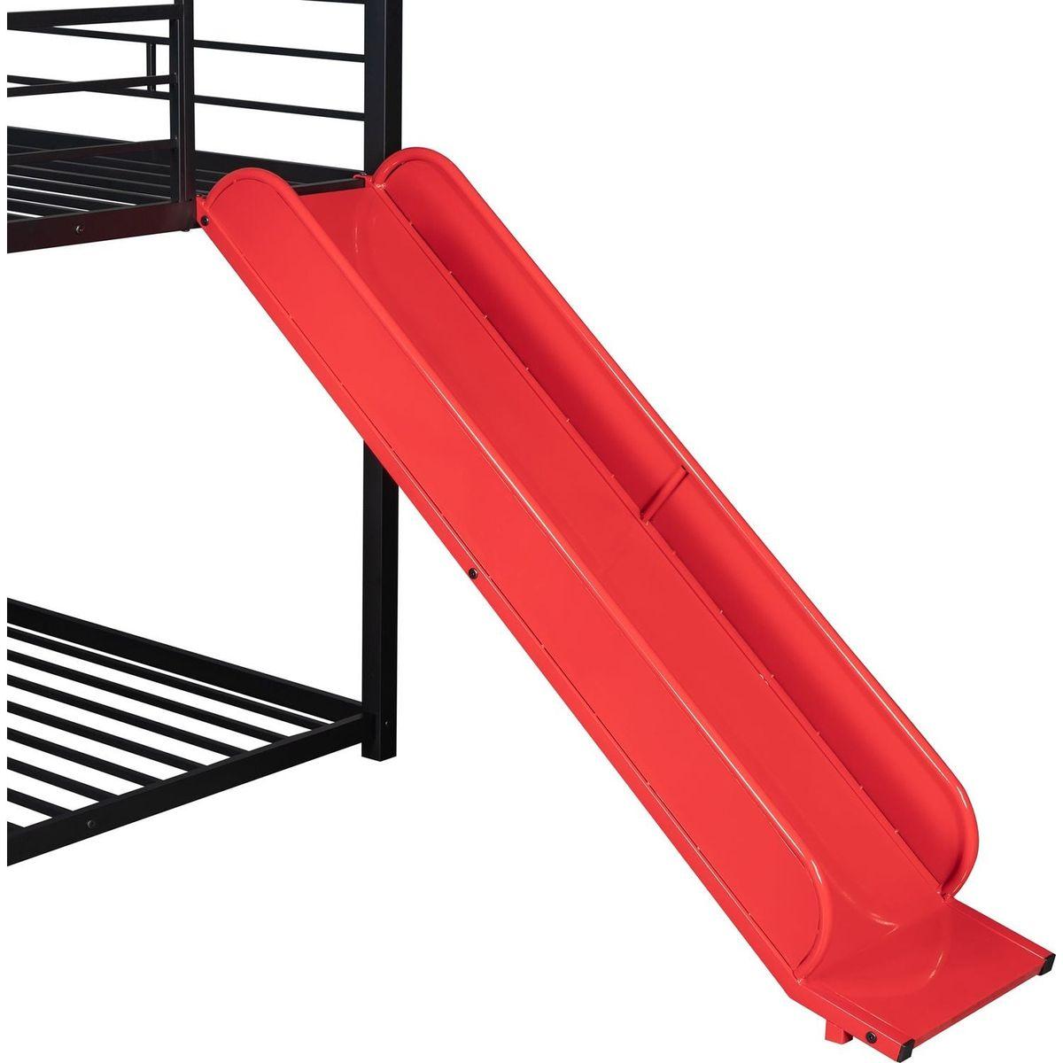 Twin Over Twin Metal Bunk Bed, Metal Housebed With Slide,Three Colors Available.(Black with Red Slide)