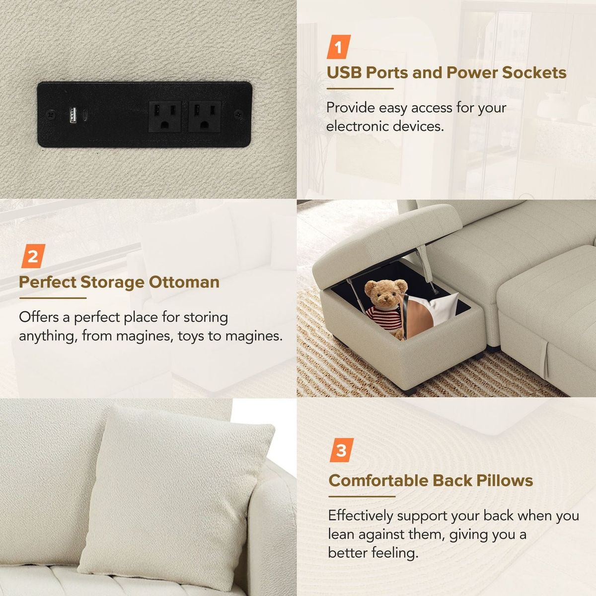 82.6" L-shaped Sectional Pull Out Sofa Bed Sleeper Sofa with Two USB Ports, Two Power Sockets and a Movable Storage Ottoman, Beige