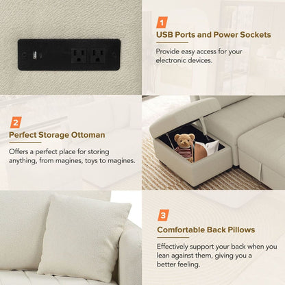 82.6" L-shaped Sectional Pull Out Sofa Bed Sleeper Sofa with Two USB Ports, Two Power Sockets and a Movable Storage Ottoman, Beige