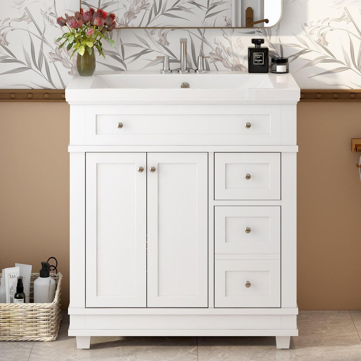 30" Bathroom Vanity Cabinet with Sink Combo Set, Undermount Resin Sink, Free Standing Vanity Set with 2 Drawers& Soft Closing Doors, Solid Wood Frame Bathroom Cabinet, White