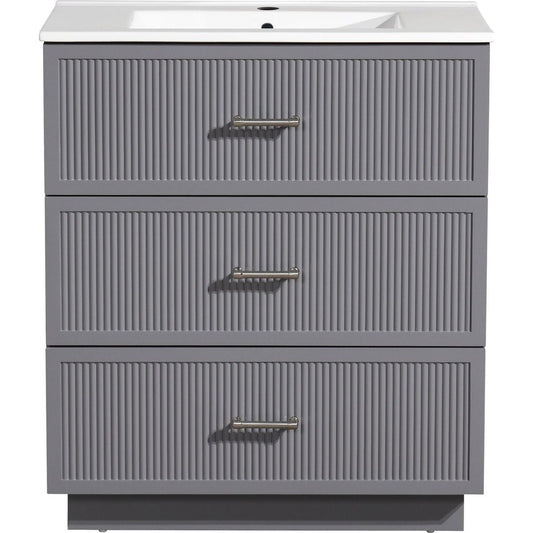 30 Inch Bathroom Vanity with Ceramic Sink Combo Set, Modern Freestanding Bathroom Storage Cabinet with 2 Drawers, Floor Standing Bath Vanity, Gray