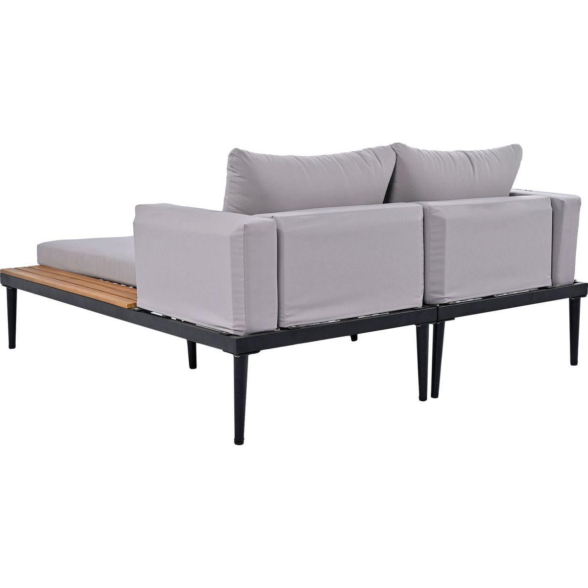 Modern Outdoor Daybed Patio Metal Daybed with Wood Topped Side Spaces for Drinks, 2 in 1 Padded Chaise Lounges for Poolside, Balcony, Deck, Gray