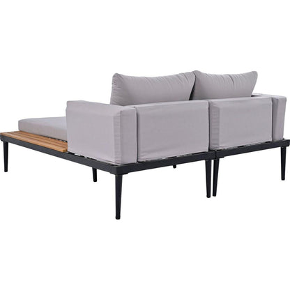 Modern Outdoor Daybed Patio Metal Daybed with Wood Topped Side Spaces for Drinks, 2 in 1 Padded Chaise Lounges for Poolside, Balcony, Deck, Gray