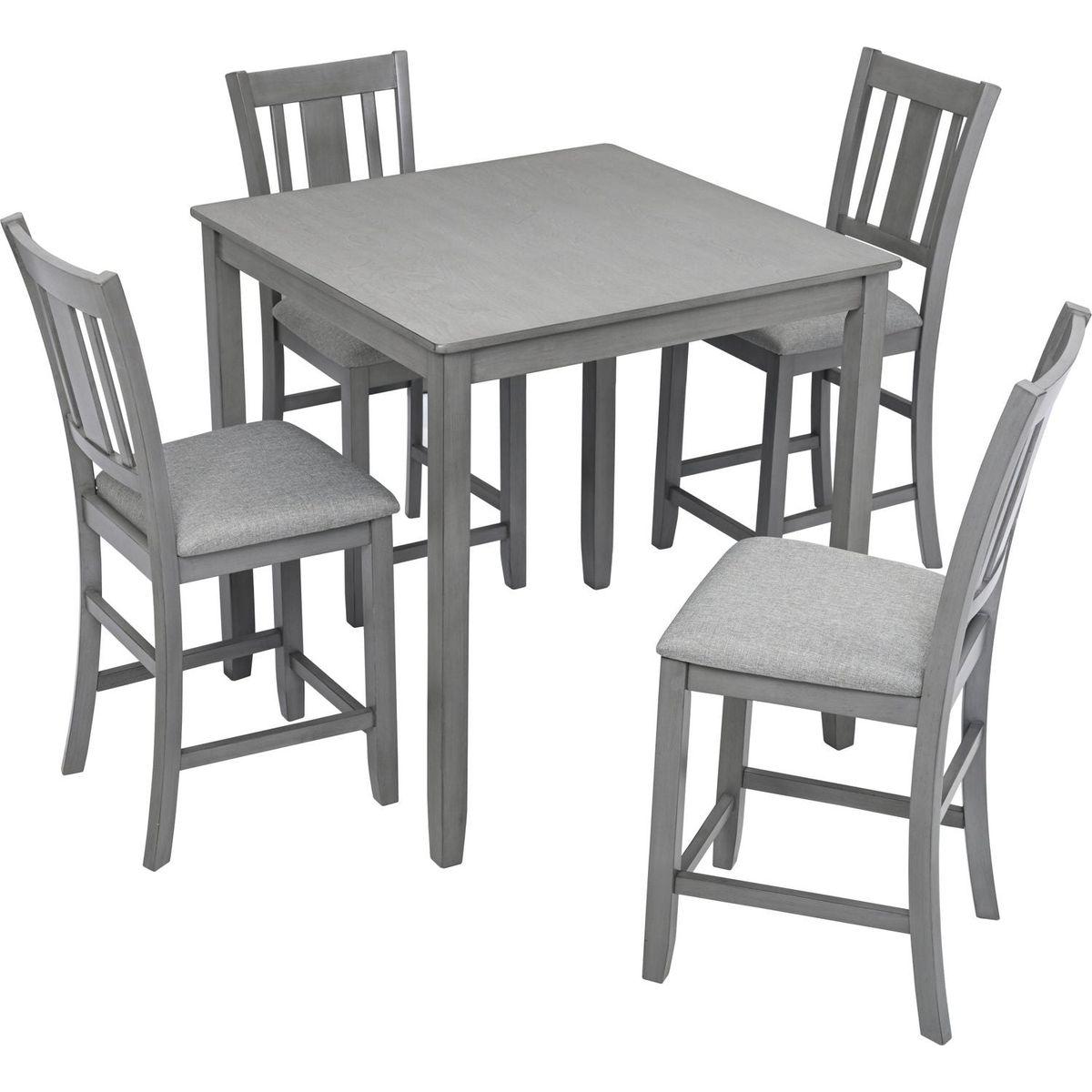 5 Piece Dining Table Set, Wooden Dining Square Table Set for 4, Counter Height Kitchen Table Set with Square Table and 4 Upholstered Chairs for Small Space, Gray - Streamdale Furniture