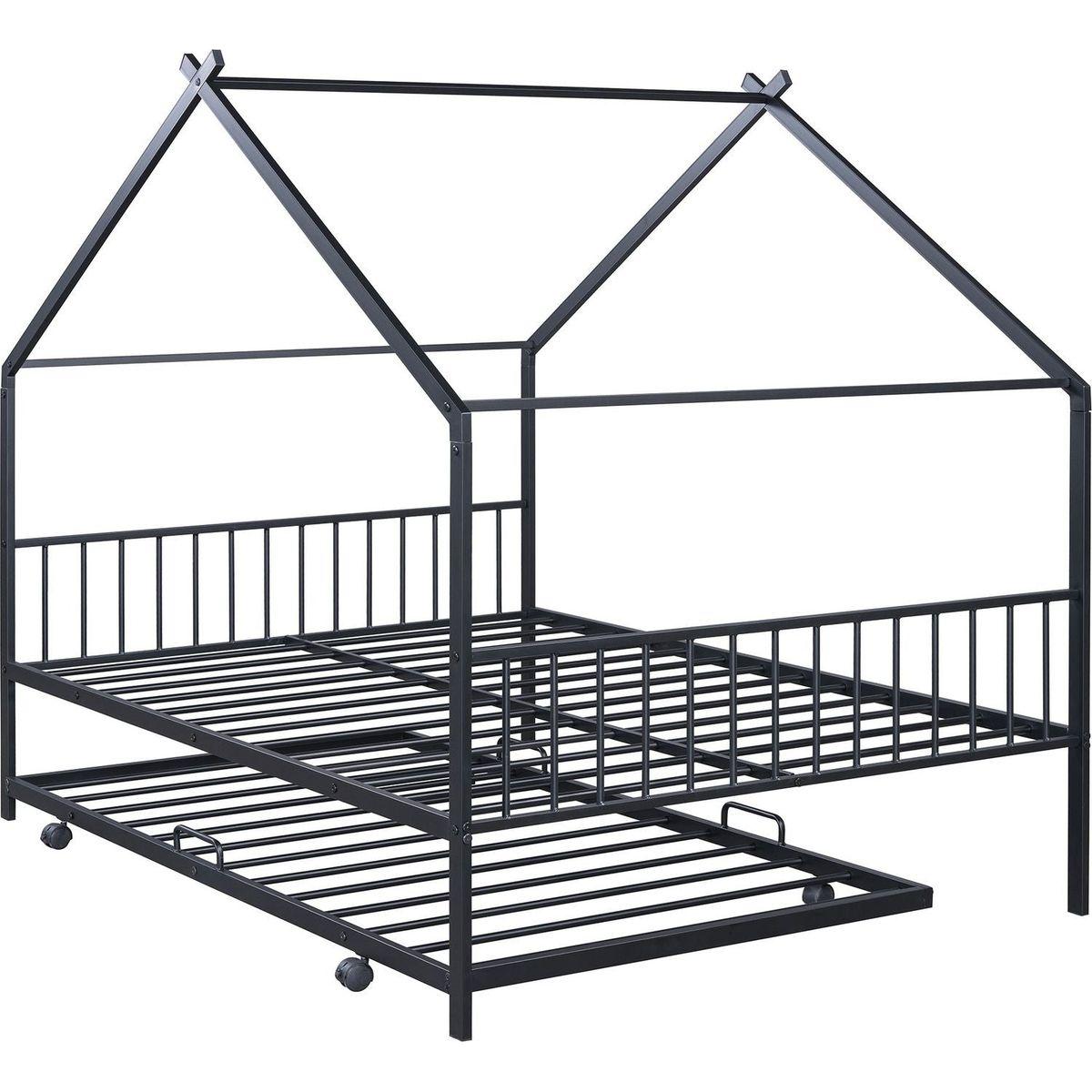 Full Size Metal House Bed with Twin Size Trundle, Black