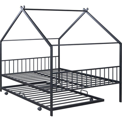 Full Size Metal House Bed with Twin Size Trundle, Black