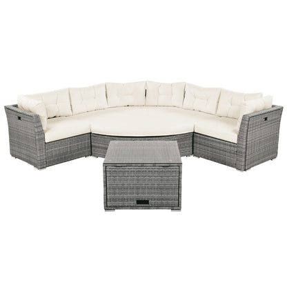 Patio Furniture Set Outdoor Daybed Rattan Sectional with Cushions and Center Table, Beige, Iron & Rattan, Multiple Sizes