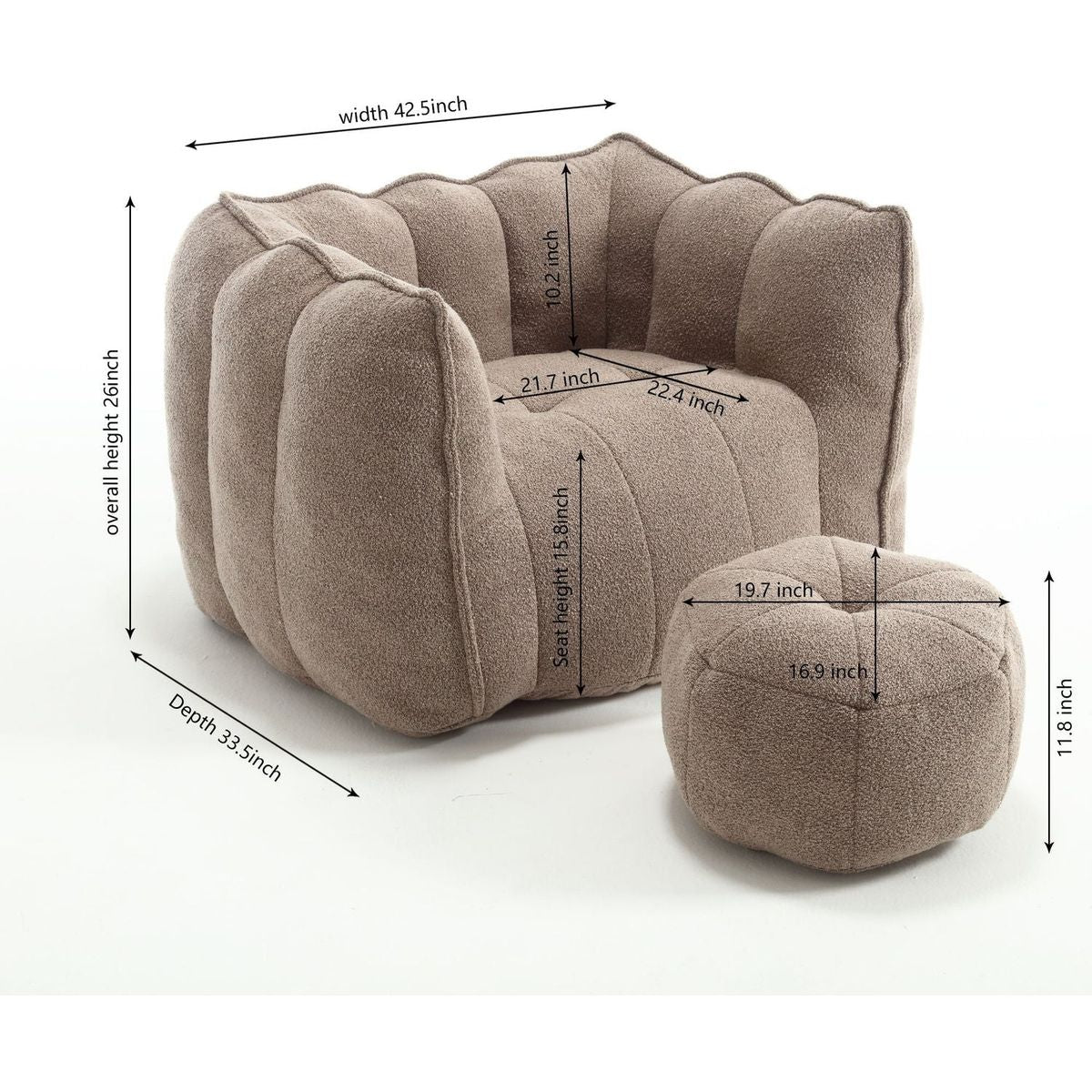 Soft Bean Bag Chair with High Resilient Foam(Chips)for living room and bedroom,Comfortable Square Lazy Sofa with Footstool, Cover for Adults to Gaming, Reading, and Watching TV - Streamdale Furniture