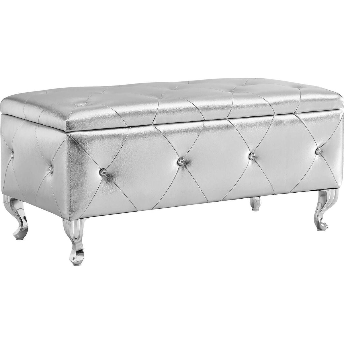 Upholstered Storage Ottoman Bench For Bedroom End Of Bed Faux Leather Rectangular Storage Benches Footrest With Crystal Buttons For Living Room Entryway (Silver)