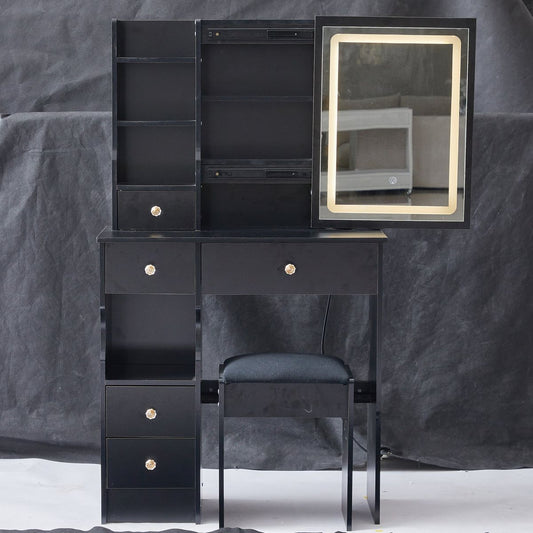 Small Size Left Drawer Desktop Vanity Table + Cushioned Stool, Touch Control Sliding LED Mirror, Tri-color Switching, Brightness Adjust, Multi Layer, Suitable for Small Space, EPA,GCC,UL Certificate