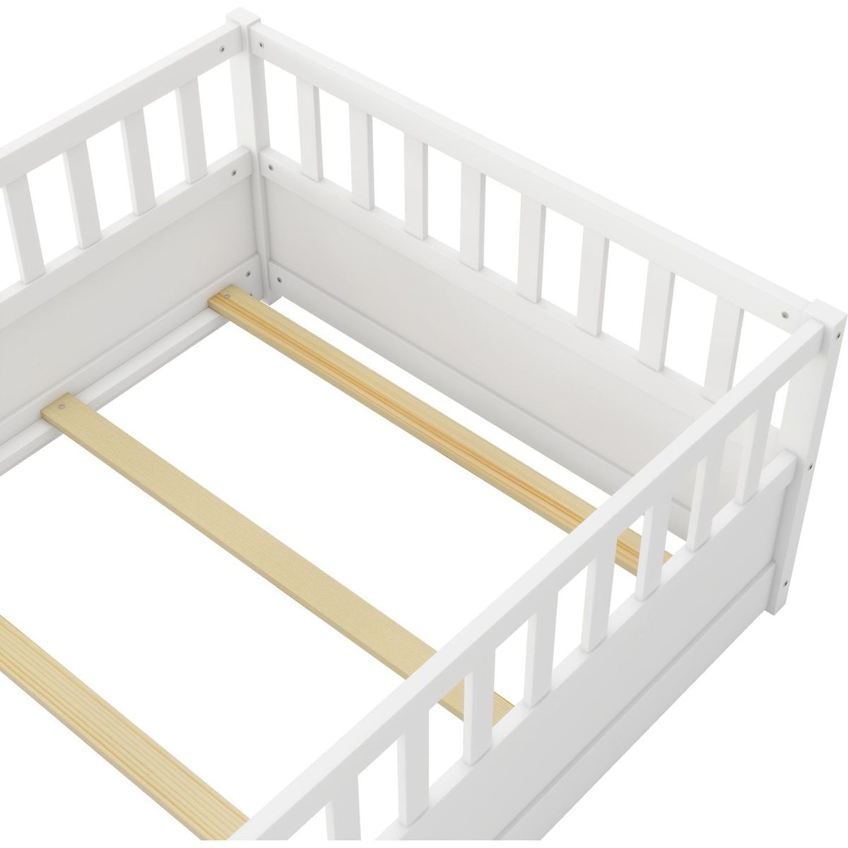 Twin Size Floor bed, integral construction with super high security barrier, door, children's floor bed frame, Montessori wooden children's floor bed, Support slat white