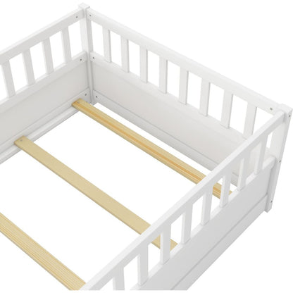 Twin Size Floor bed, integral construction with super high security barrier, door, children's floor bed frame, Montessori wooden children's floor bed, Support slat white