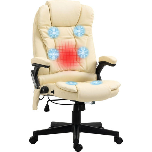 High Back Vibration Massage Office Chair with 6 Vibration Points, Heated Reclining PU Leather Computer Chair with Armrest and Remote, Beige