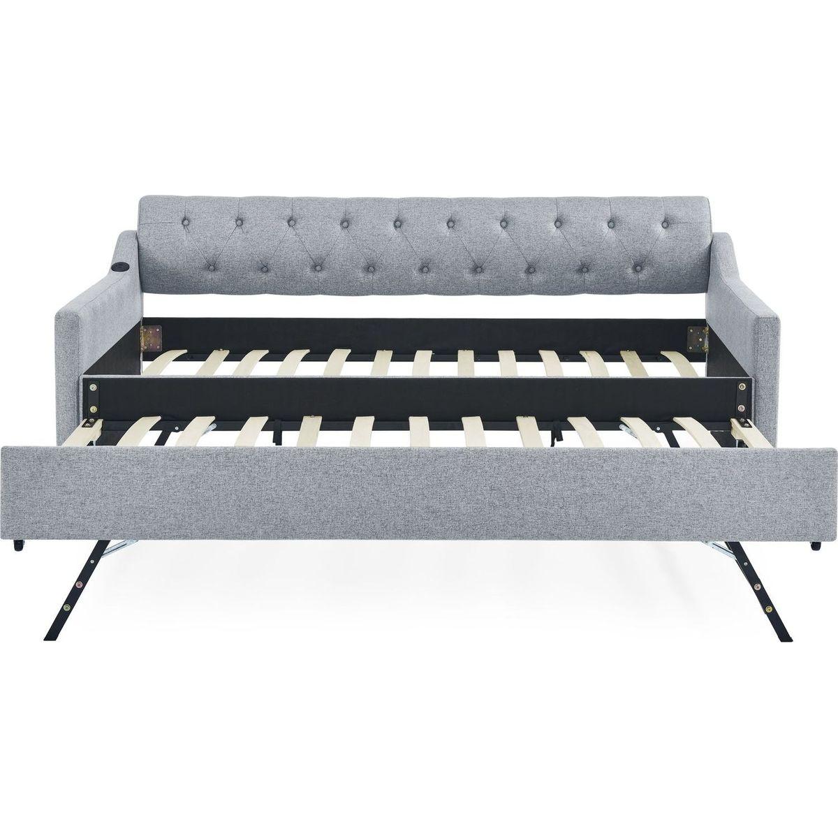 Twin Size Upholstery DayBed with Twin Size Erectable Trundle and USB Charging Design, Linen Grey
