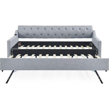 Twin Size Upholstery DayBed with Twin Size Erectable Trundle and USB Charging Design, Linen Grey