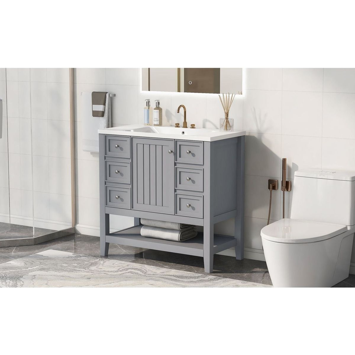 36" Bathroom Vanity with Sink Combo, One Cabinet and Three Drawers, Solid Wood and MDF Board, Grey