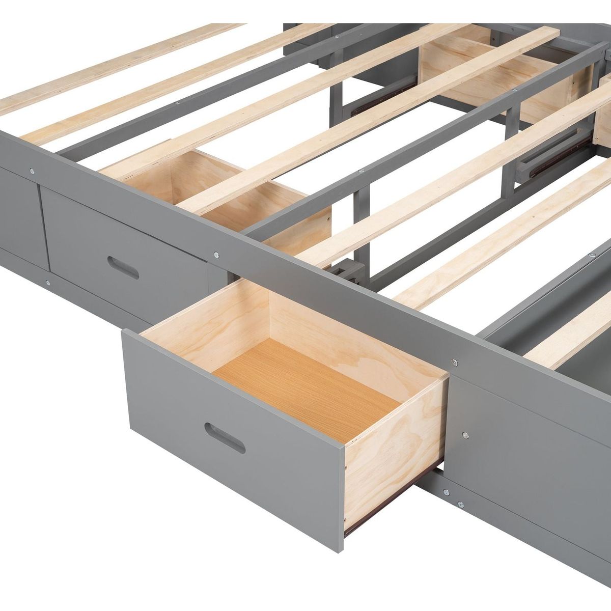 Wood Queen Size Platform Bed with Storage Headboard, shoe rack and 4 drawers,Gray