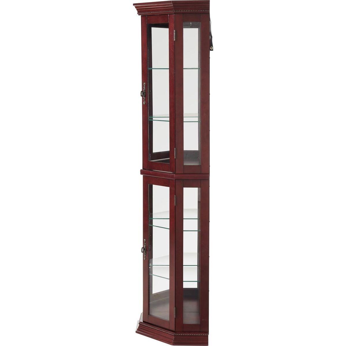 Corner Curio Cabinet with Lights, Adjustable Tempered Glass Shelves, Mirrored Back, Display Cabinet,Cherry (E26 light bulb not included)