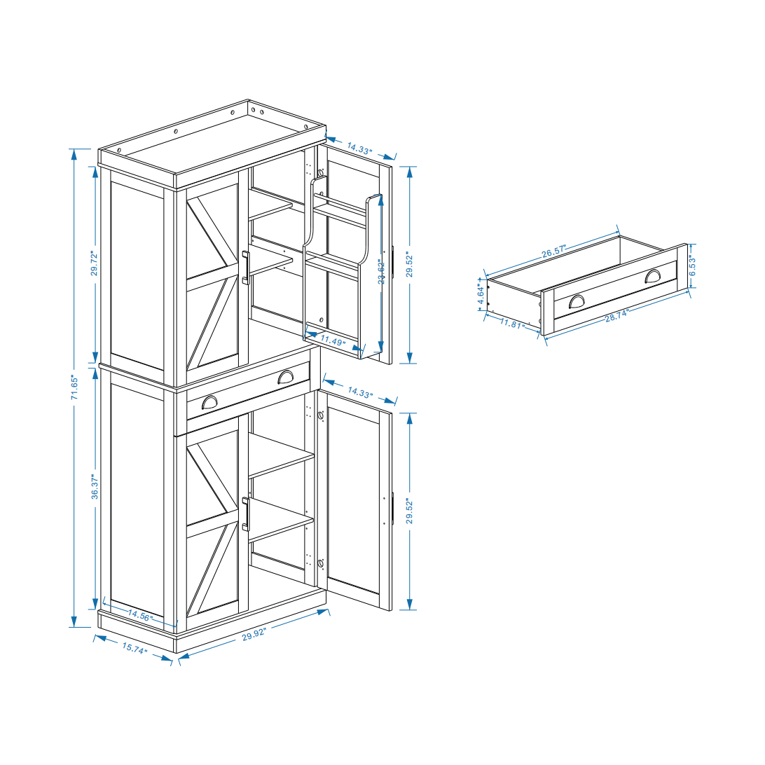 71" Kitchen Pantry Storage Cabinet with 4 Doors(2Doors with Racks),1 Drawer, 2 Adjustable Shelves, Freestanding Cupboard for Kitchen, Dining Room and Living Room-White