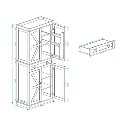 71" Kitchen Pantry Storage Cabinet with 4 Doors(2Doors with Racks),1 Drawer, 2 Adjustable Shelves, Freestanding Cupboard for Kitchen, Dining Room and Living Room-White