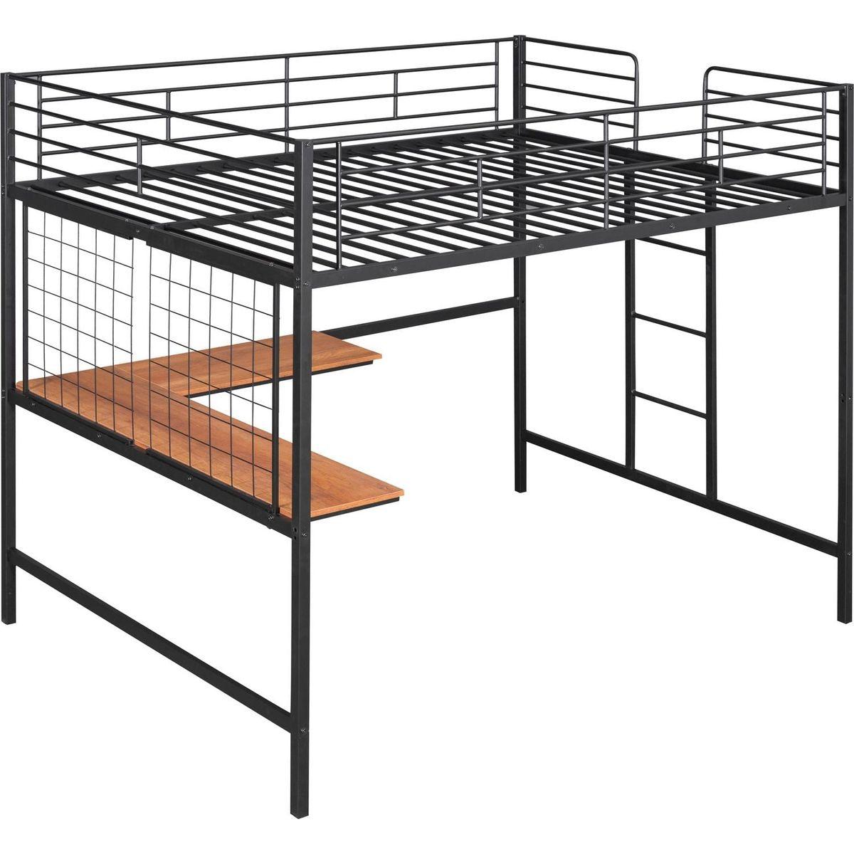 Full Metal Loft Bed with Desk and Metal Grid, Black