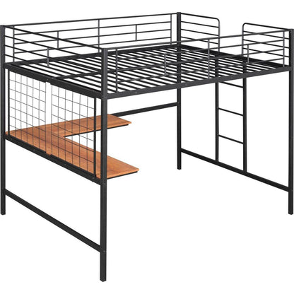 Full Metal Loft Bed with Desk and Metal Grid, Black