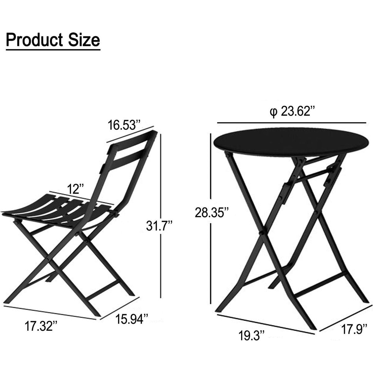 3 Piece Patio Bistro Set of Foldable Round Table and Chairs, White