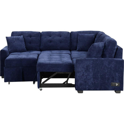 82.6" L-shape Sofa Bed Pull-out Sleeper Sofa with Wheels, USB Ports, Power Sockets for Living Room, Navy Blue