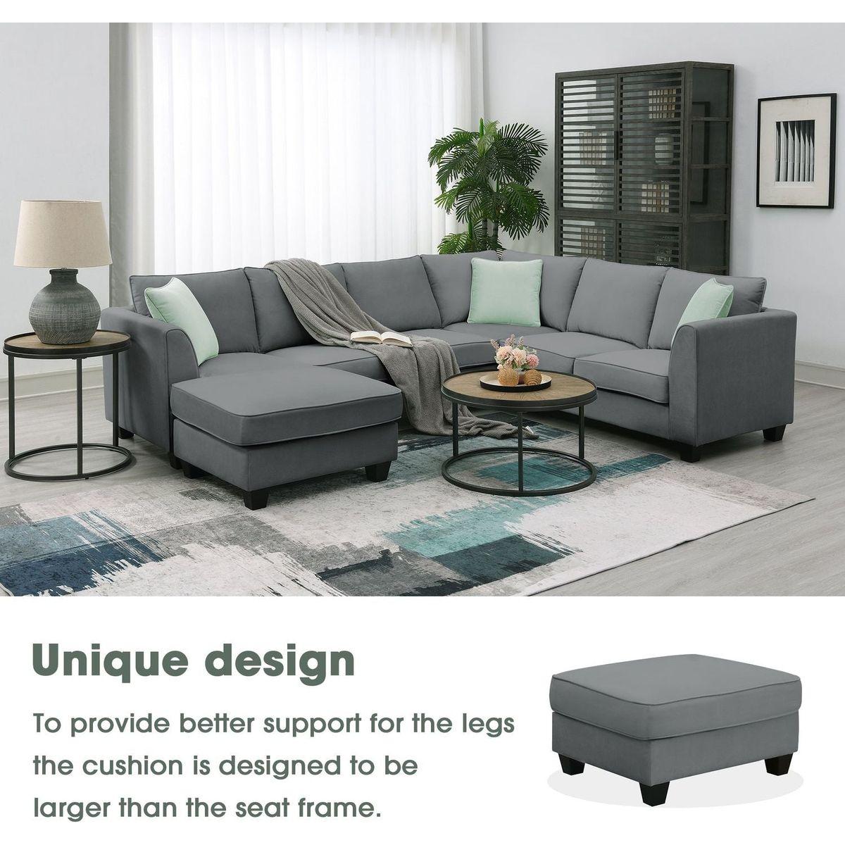 112x87" Sectional Sofa Couches Living Room Sets, 7 Seats Modular Sectional Sofa with Ottoman, L Shape Fabric Sofa Corner Couch Set with 3 Pillows, Grey(New of GS008210AAG)