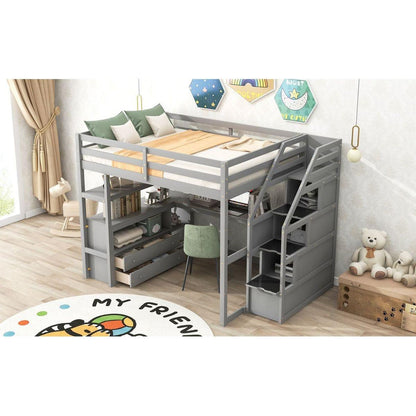 Full Size Loft Bed with Desk and Shelves, Two Built-in Drawers, Storage Staircase, Gray