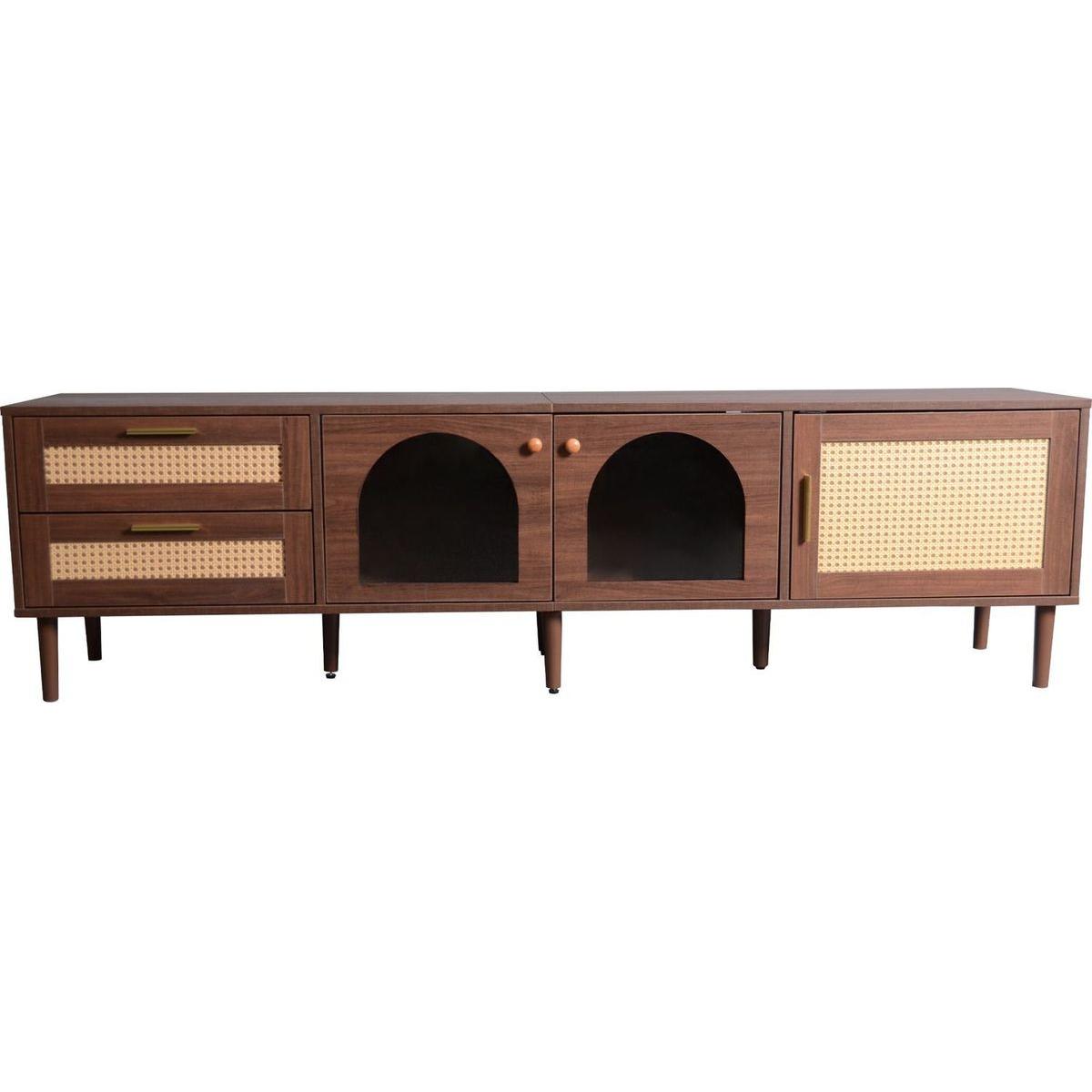 Rattan TV Stand with 3 Cabinets & 2 Drawers, Rattan-inspired Media Console Table for TVs up to 80", LED Light Entertainment Center, TV cabinet for Living room, Bedroom, Home Theatre - Streamdale Furniture