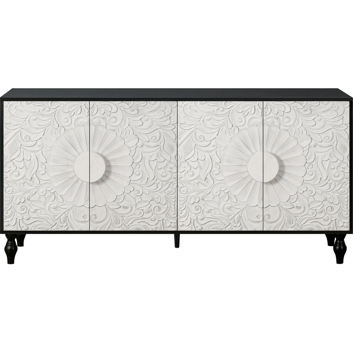 Vintage White Large Faceted Carved And Spliced Doors Combined With Black Frames For TV Stand Table,Sideboards, Accent Cabinets
