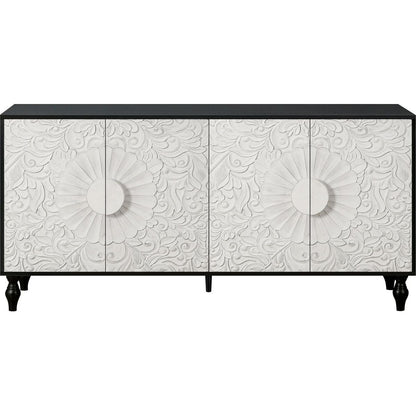 Vintage White Large Faceted Carved And Spliced Doors Combined With Black Frames For TV Stand Table,Sideboards, Accent Cabinets