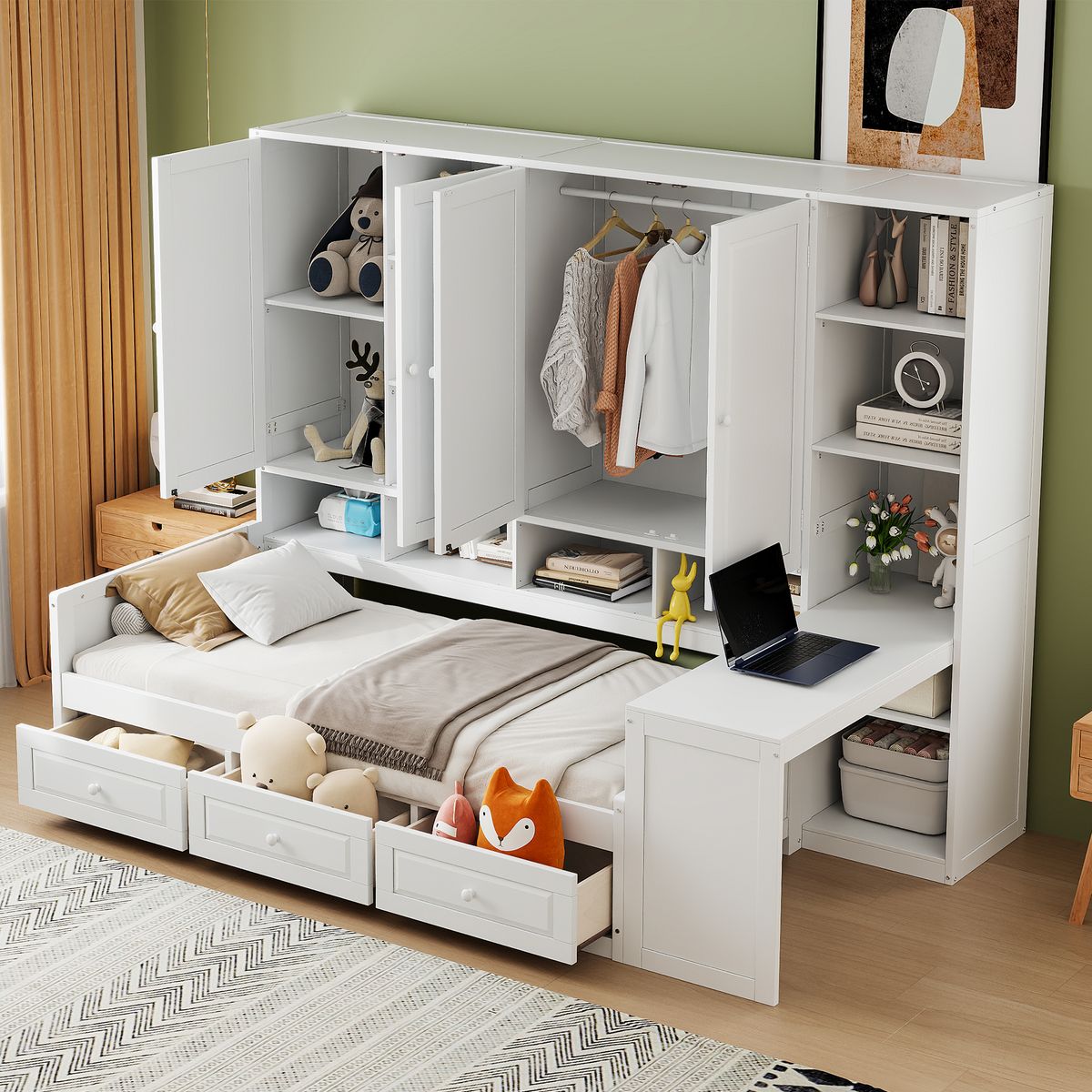 Twin Size Wooden Daybed With Three Drawers, and All-in-One Cabinet, Desk and Shelves, White