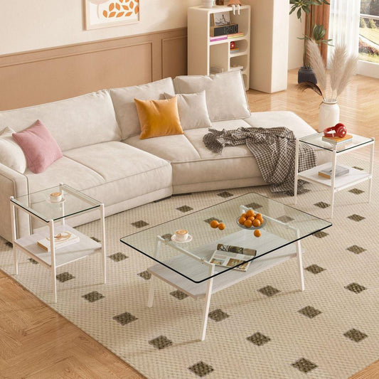 Coffee Table and End tables Set of 3, Tempered Glass Table with MDF layer, Modern Tables for Living Room , Transparent Glass