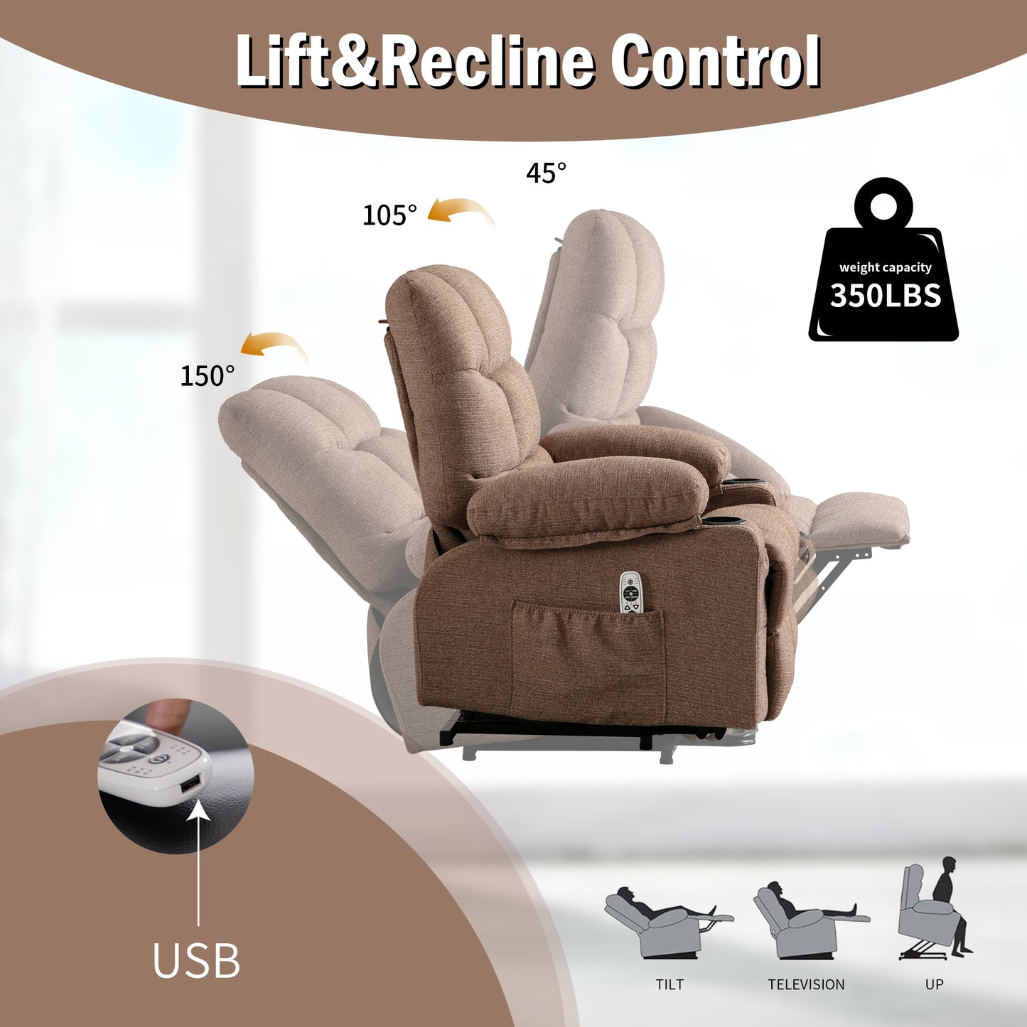 Power Lift Recliner Chair Recliners for Elderly with Heat and Massage Recliner Chair for Living Room with Infinite Position and Side Pocket,USB Charge Port.BROWN