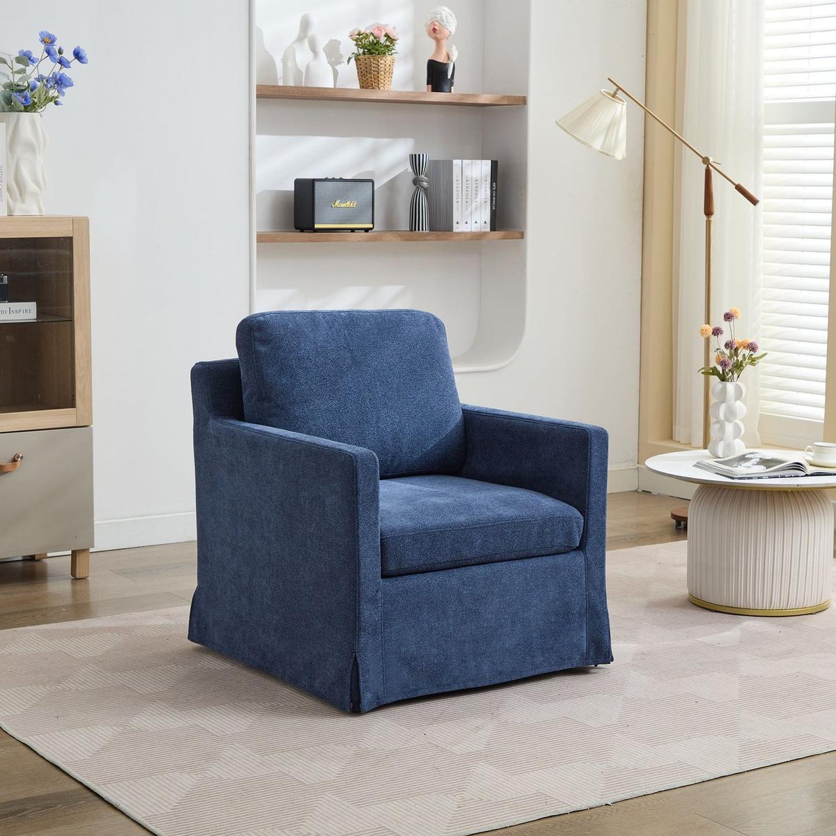 29.92" Swivel Accent Chair, Upholstered Skirted Swivel Chair with Removable Back Cushion, 360 Degree Comfy Armchair for Living Room, Nursery, Lounge,Office,Navy Chenille