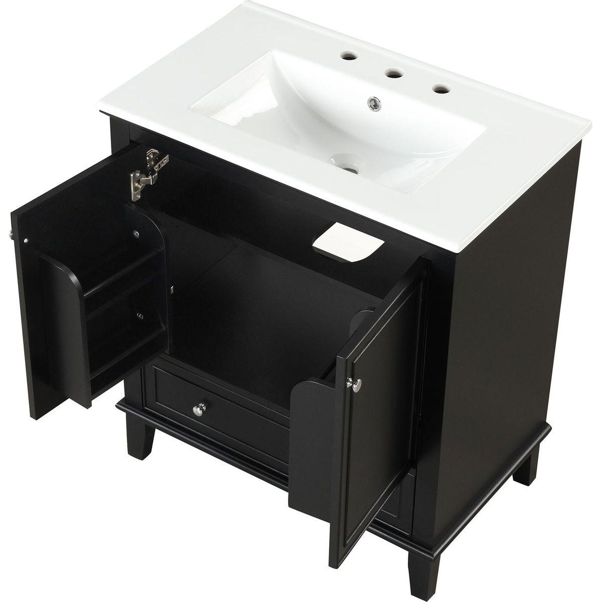 30" Bathroom Vanity with Sink Combo, Multi-functional Bathroom Cabinet with Doors and Drawer, Solid Wood and MDF Board, Black